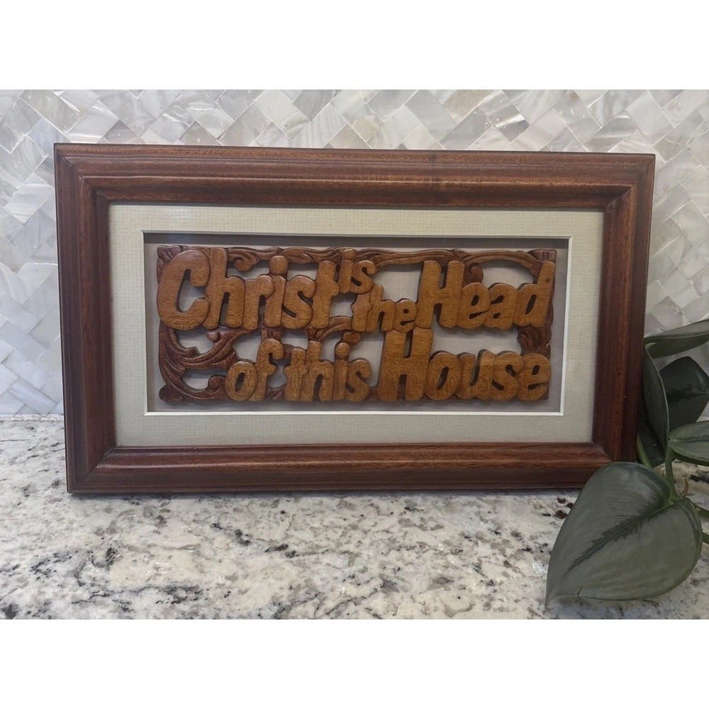 Beautiful Mahogany Hand Carved "christ is Head Of This House" Framed Plaque Gift